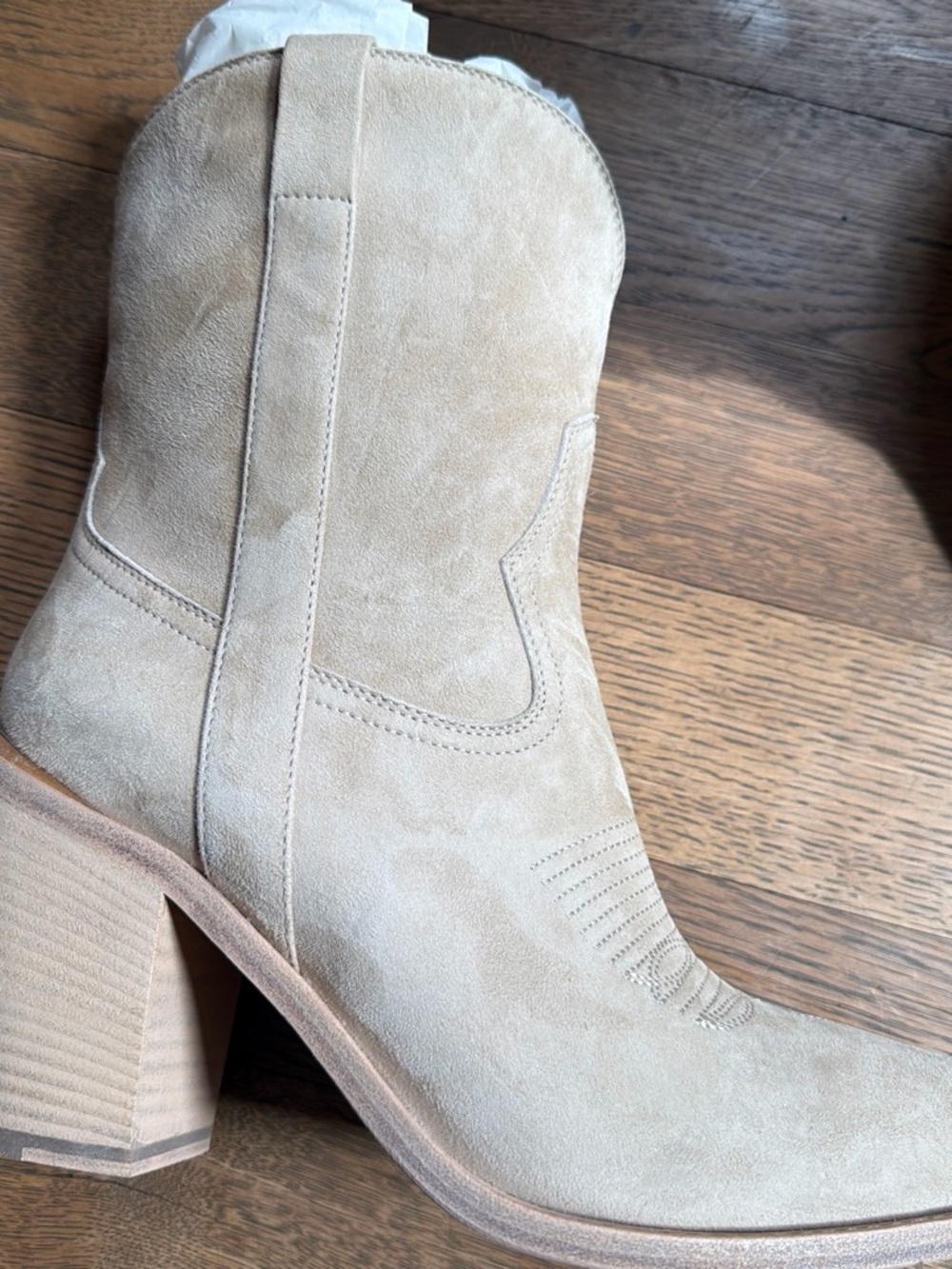 Suede Western Block Heel Ankle Boot - Cream from Partlow with gold boot charms